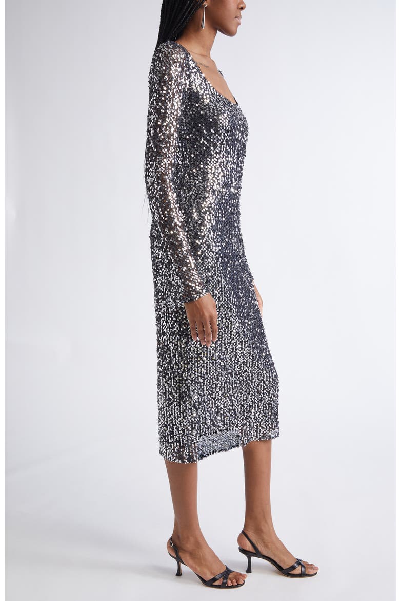 Sequin Long Sleeve Scoop Neck Sheath Dress, Alternate, color, BLACK SILVER