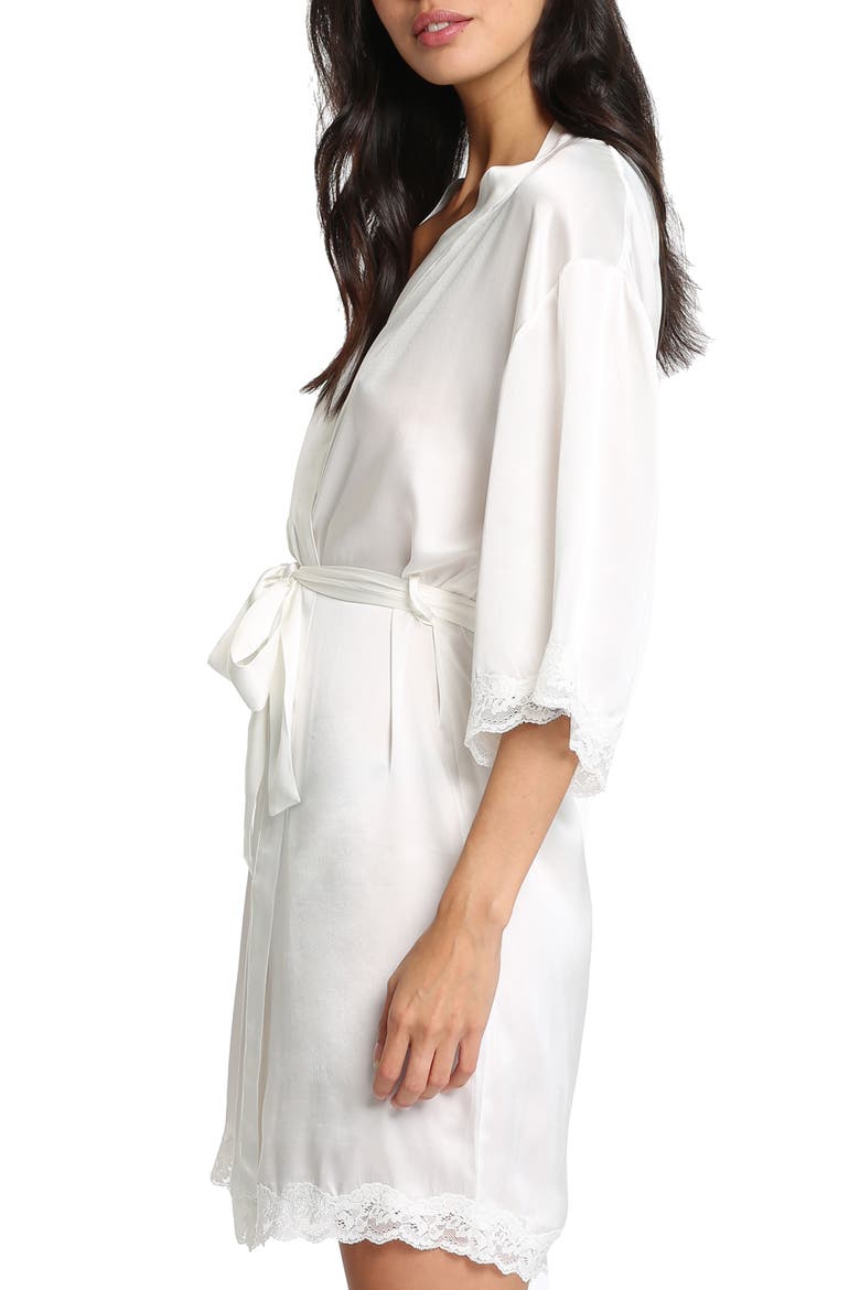 Camille Lace Trim Silk Short Robe, Alternate, color, IVORY