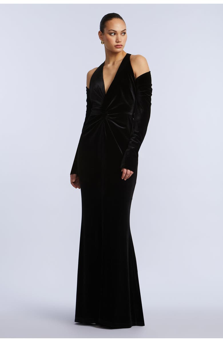BCBGMAXAZRIA Long Sleeve Halter Velvet Gown, Alternate, color, Black