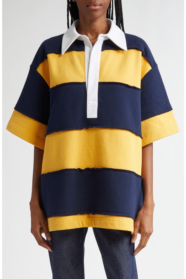 Gender Inclusive Riis Deco Maxi Short Sleeve Rugby Shirt, Main, color, NAVY/ OCRE