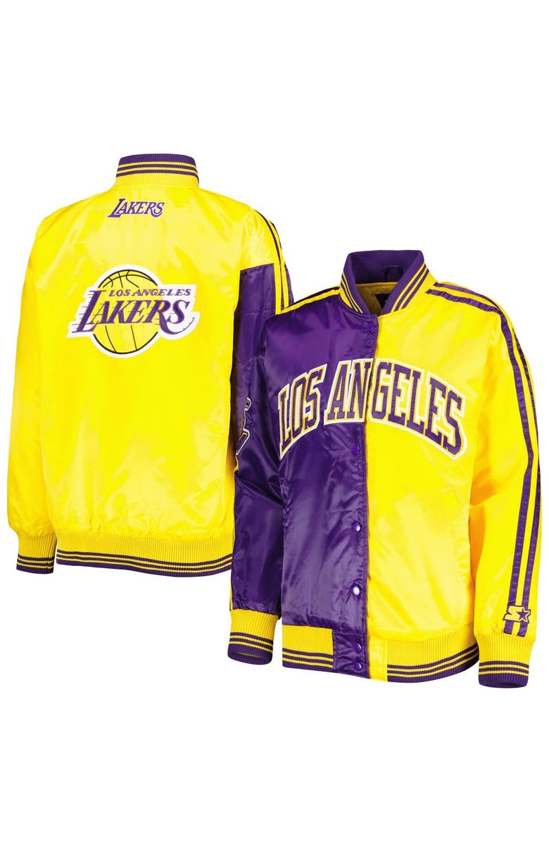STARTER Women's Starter Purple/Gold Los Angeles Lakers Split Colorblock Satin Full-Snap Varsity Jacket, Main, color, Purple