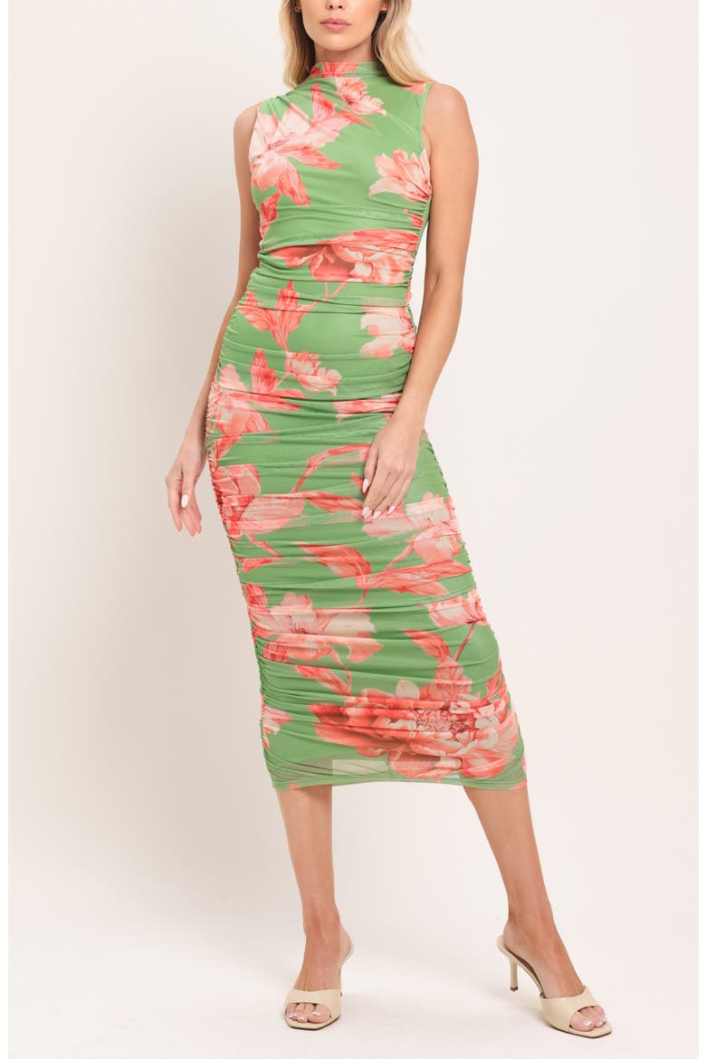 Sleeveless Print Mesh Midi Dress, Alternate, color, SAGE