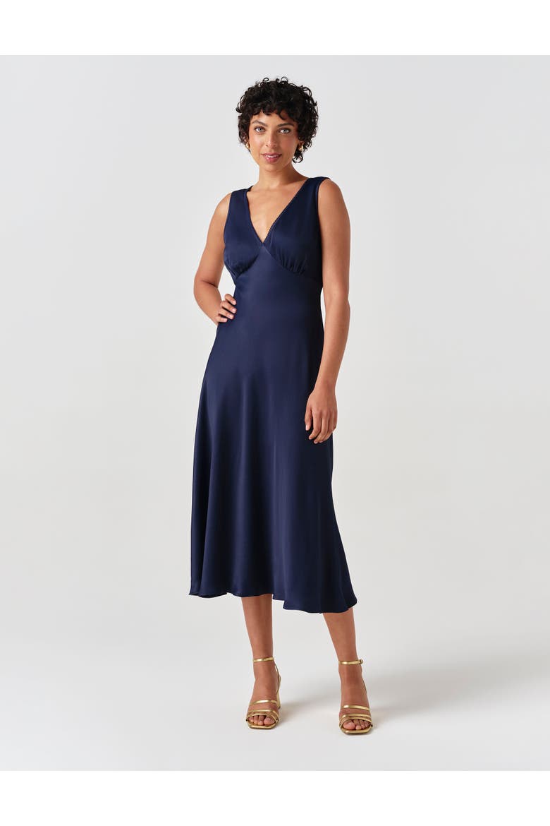 Alessia Picot V-neck Satin Midi Dress, Main, color, Navy