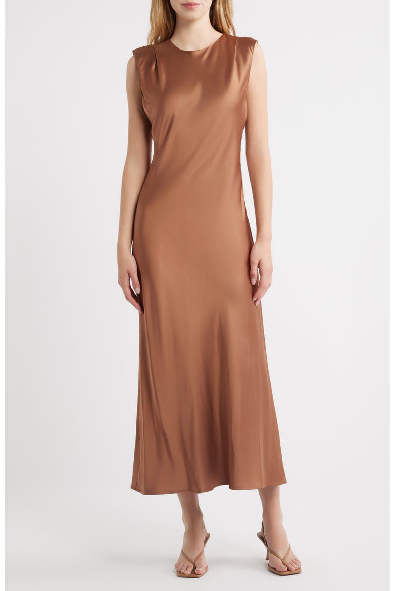 Mira Shoulder Pad Sleeveless Midi Dress, Main, color, CINNAMON