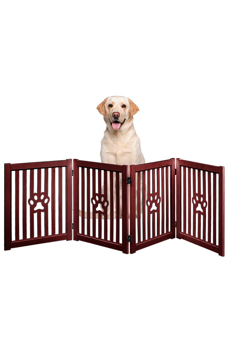 4 Panel Dog Wooden Foldable Gate, Mahogany, Alternate, color, Red