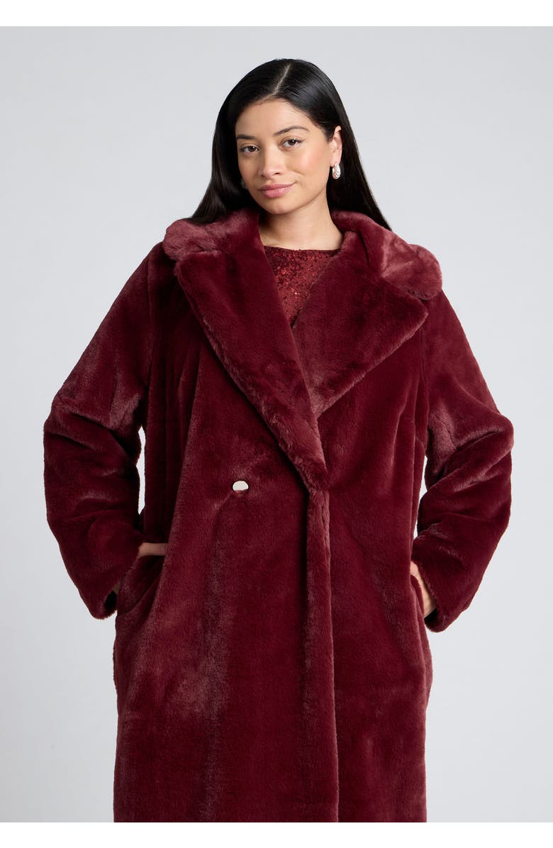 ELOQUII Faux Fur Long Coat, Alternate, color, Burgundy