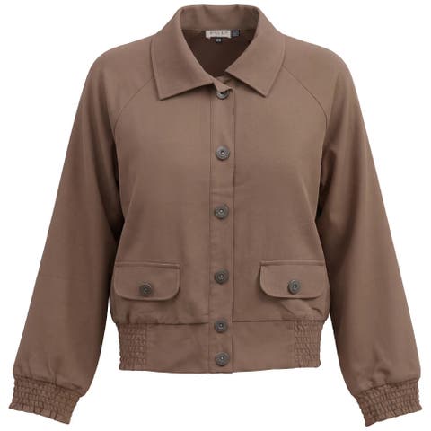 Smocked Button-Front Raglan Bomber Jacket