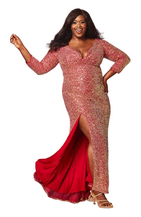 Fitted V-Neck Multi-Dimensional Sequin Long Sleeve Plus Size Gown