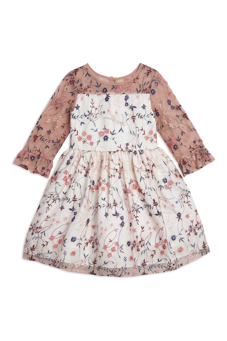 Floral Embroidered Three-Quarter Sleeve Dress, Main, color, IVORY