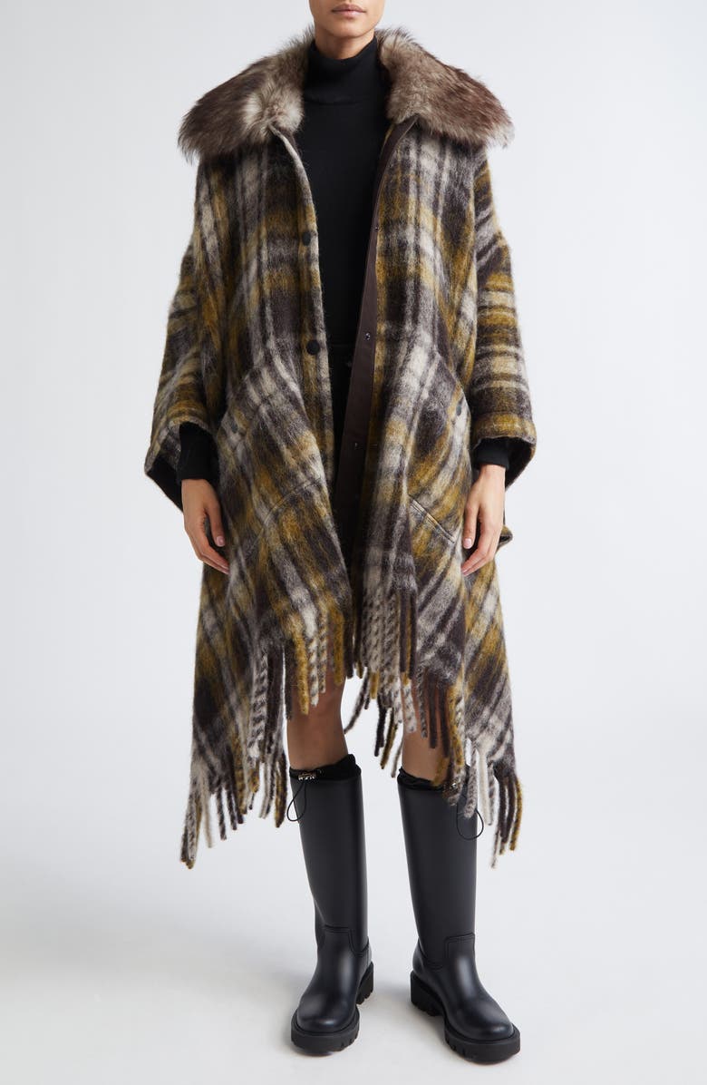 Moncler Grenoble Plaid Felt Cape with Genuine Shearling Collar, Alternate, color, Neutral