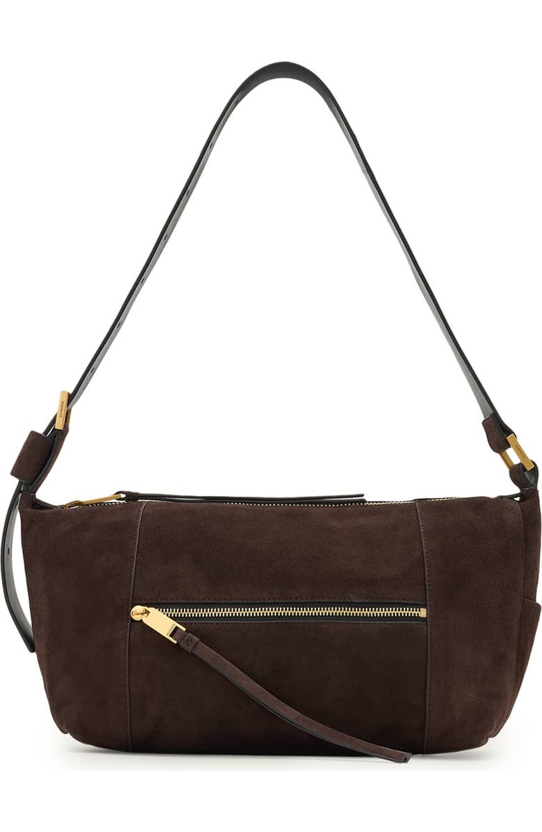 AllSaints Vega Suede Shoulder Bag, Main, color, Bitter Brown