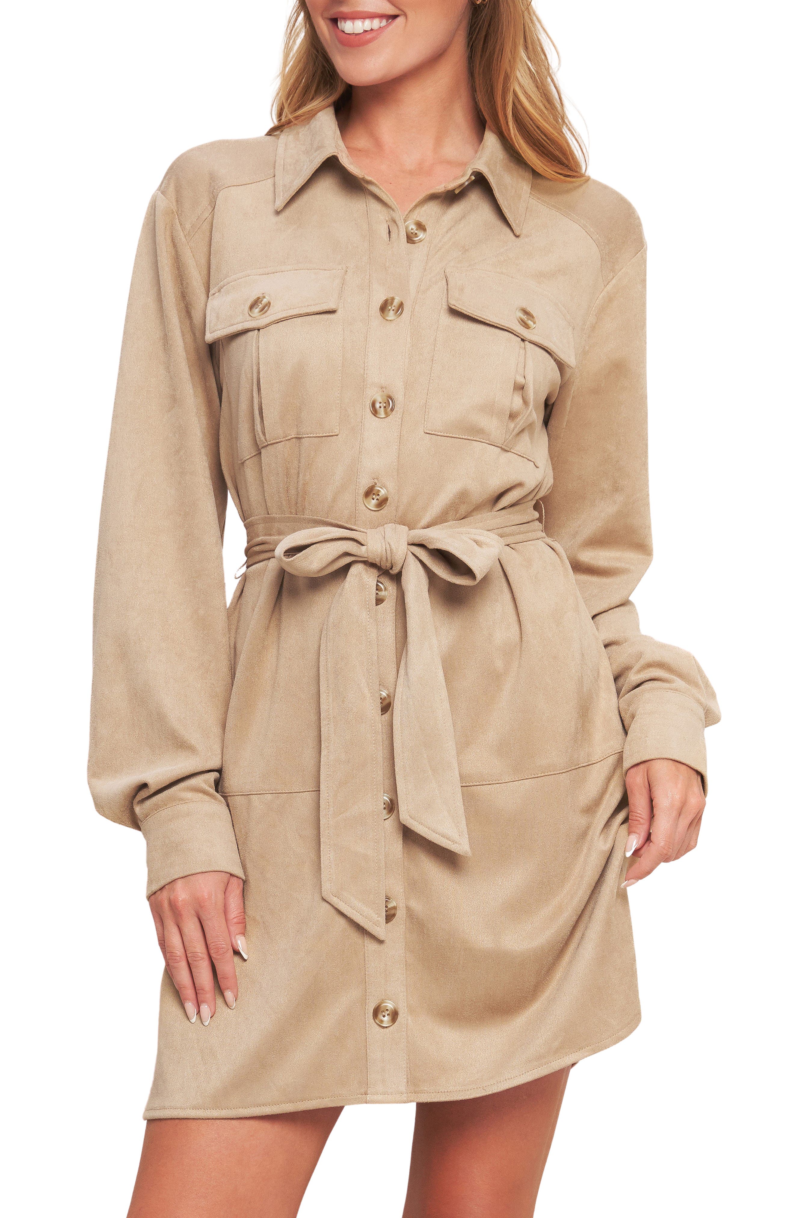 Long Sleeve Faux Suede Shirtdress