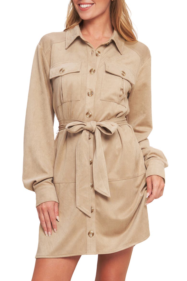 Long Sleeve Faux Suede Shirtdress, Main, color, SAND