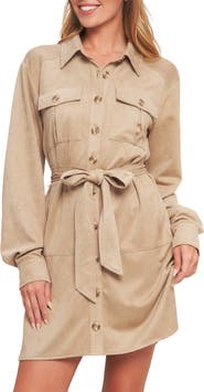 FLYING TOMATO Long Sleeve Faux Suede Shirtdress