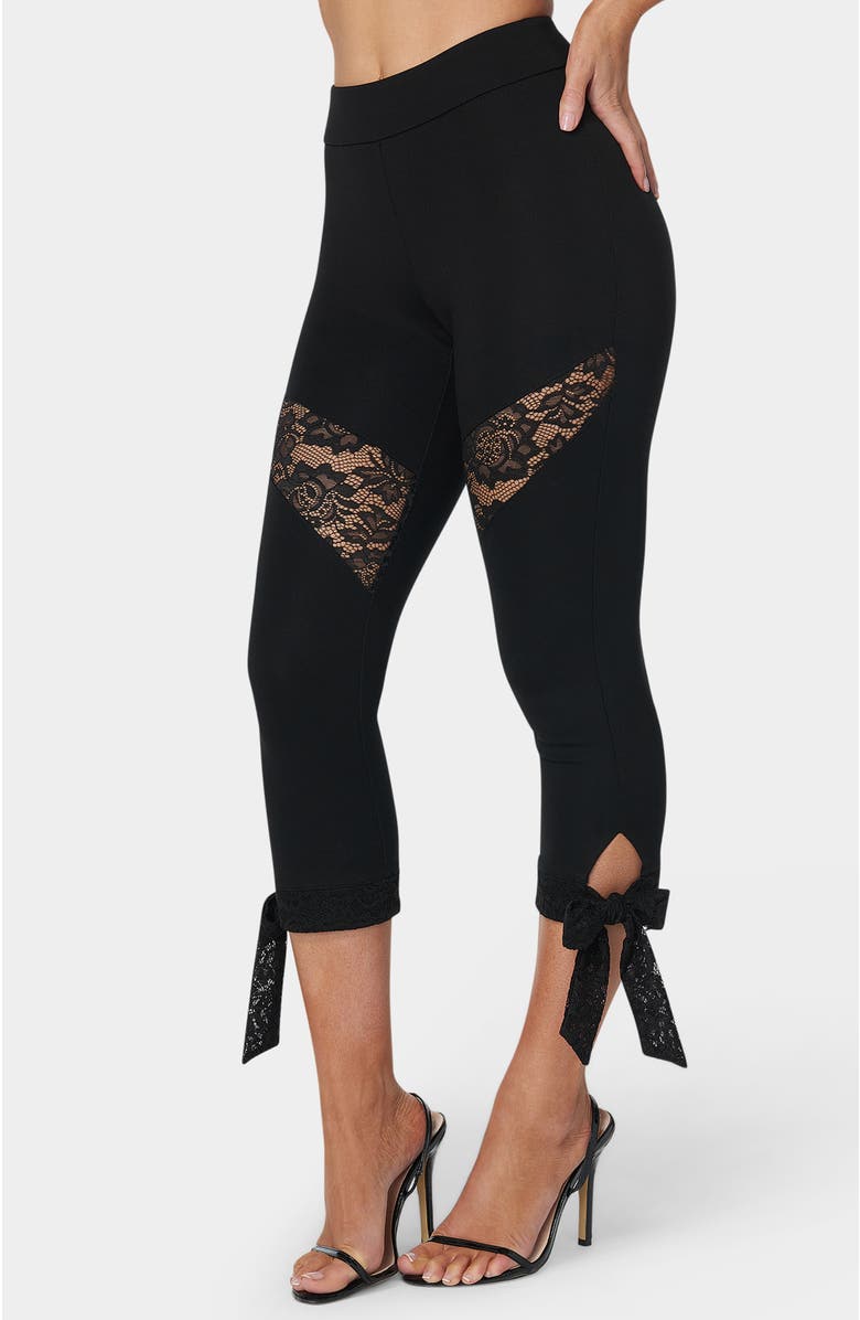 bebe Lace Insert Bow Capri Legging, Alternate, color, Black