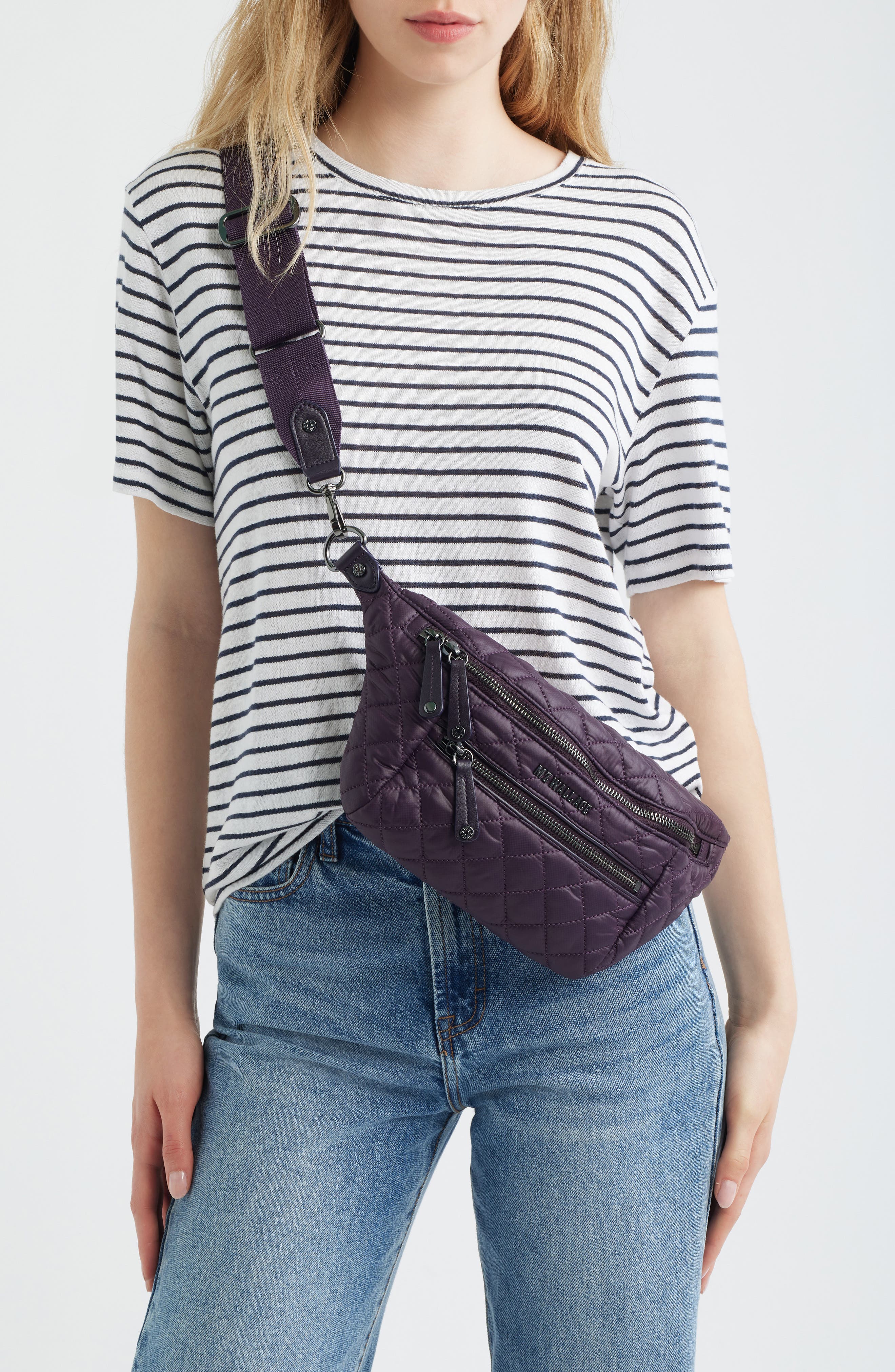 MZ Wallace Small Crosby Quilted Nylon Convertible Sling Bag, Alternate, color, Raisin