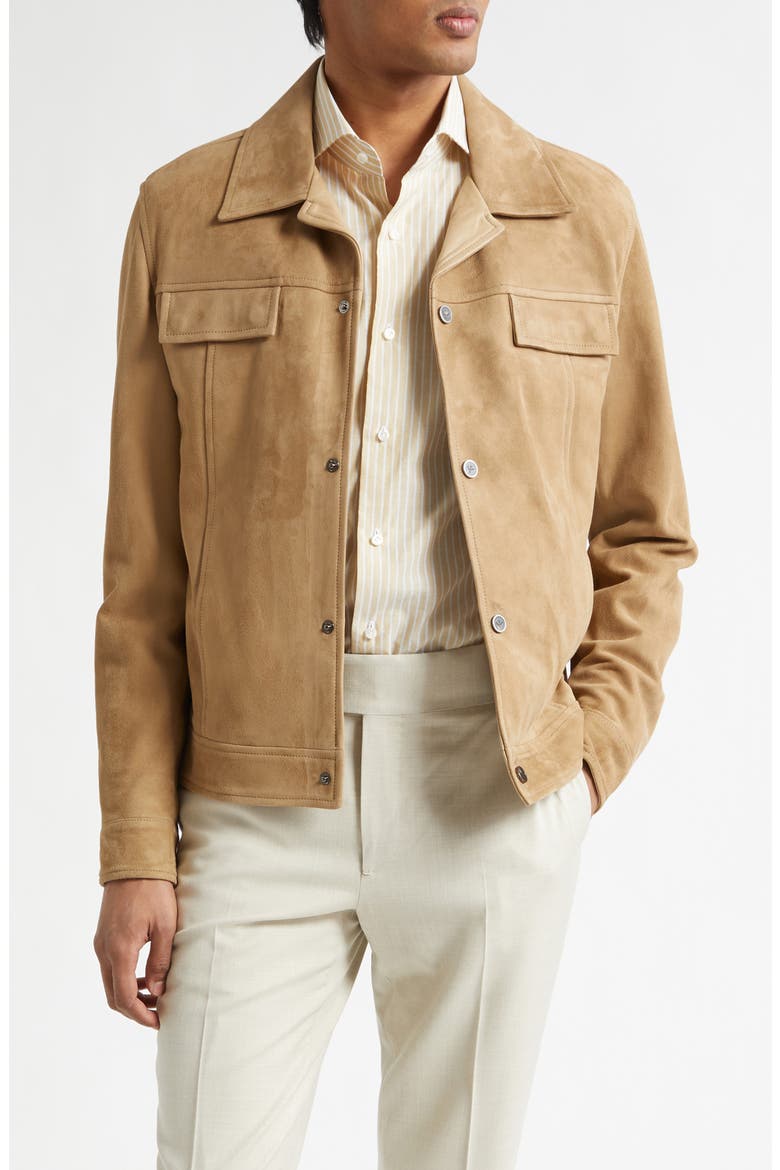 Amelio Aqua Lambskin Suede Jacket, Main, color, DARK BEIGE 1