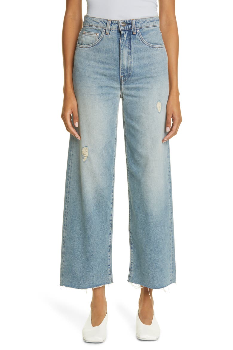 Totême Organic Cotton Crop Flare Wide Leg Jeans, Main, color, DISTRESSED BLUE