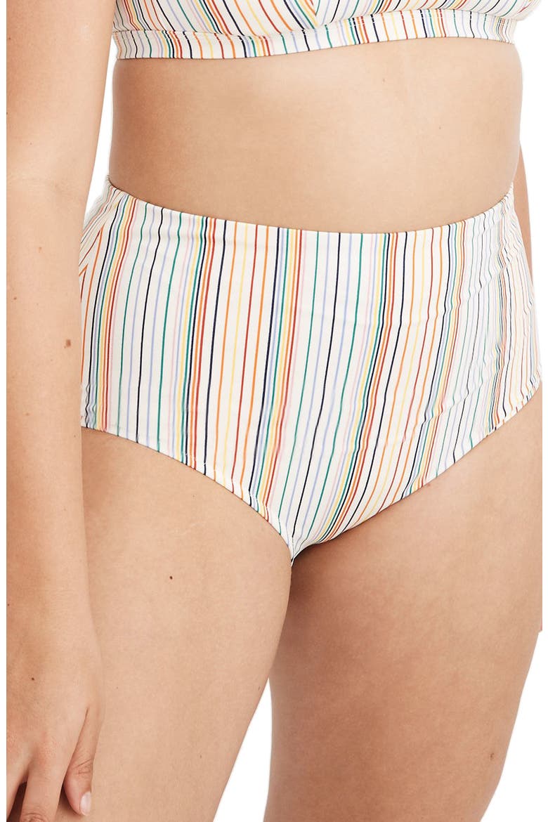 Second Wave Retro Rainbow Stripe High-Wasted Bikini Bottoms, Alternate, color, RAINBOW STRIPE CLOUD LINING