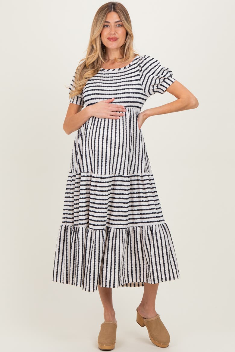 Striped Short Sleeve Tiered Maxi Dress, Alternate, color, Navy Blue