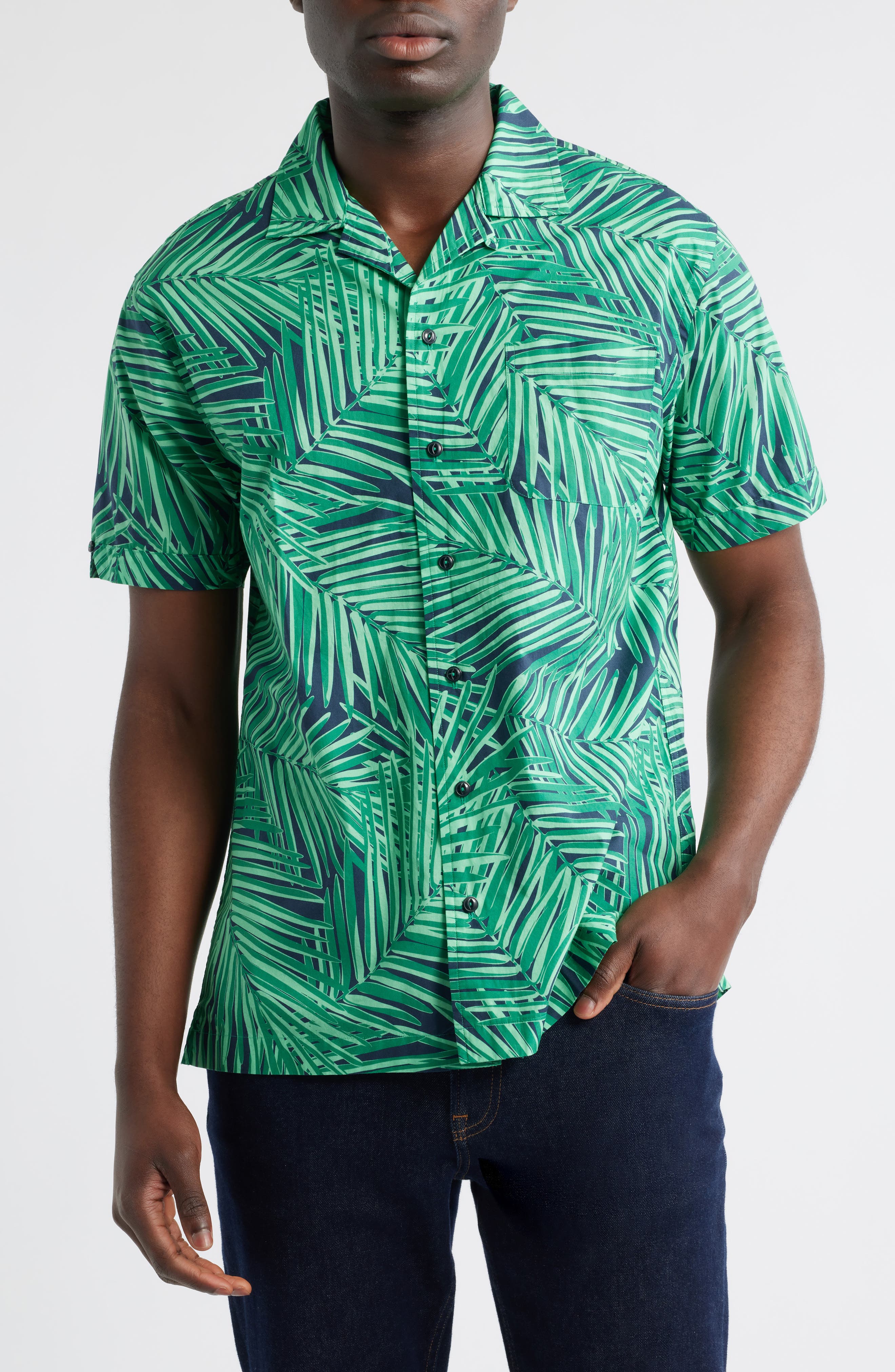 Brooks Brothers Regular Fit Palm Leaf Print Cotton Poplin Camp Shirt