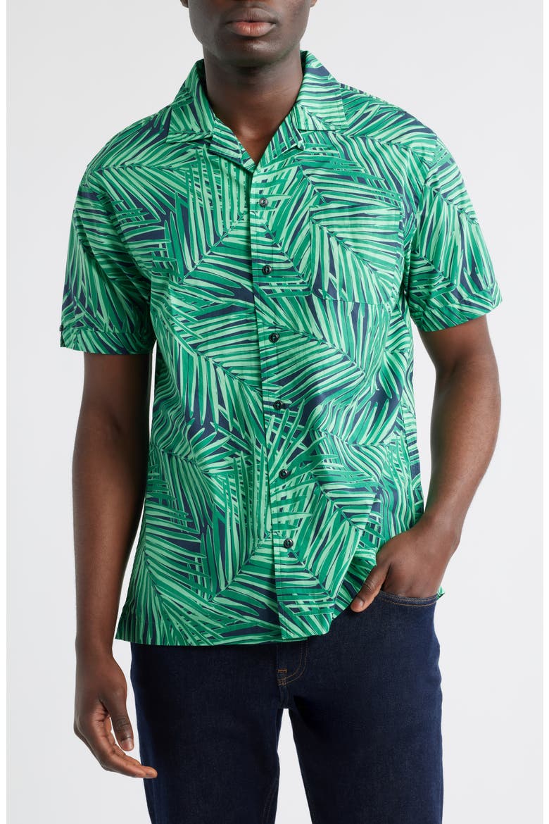 Regular Fit Palm Leaf Print Cotton Poplin Camp Shirt, Main, color, GREEN/ NAVY