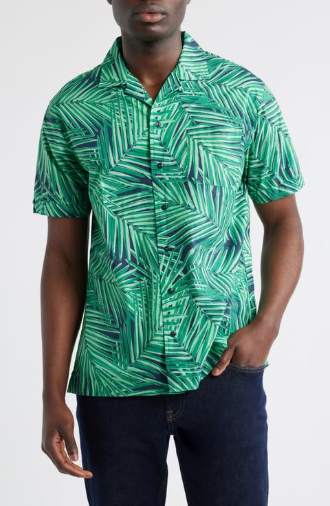 Regular Fit Palm Leaf Print Cotton Poplin Camp Shirt