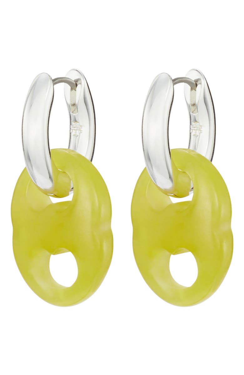 Tory Burch Gemini Two-Tone Link Huggie Hoop Drop Earrings, Main, color, Light Silver / Green