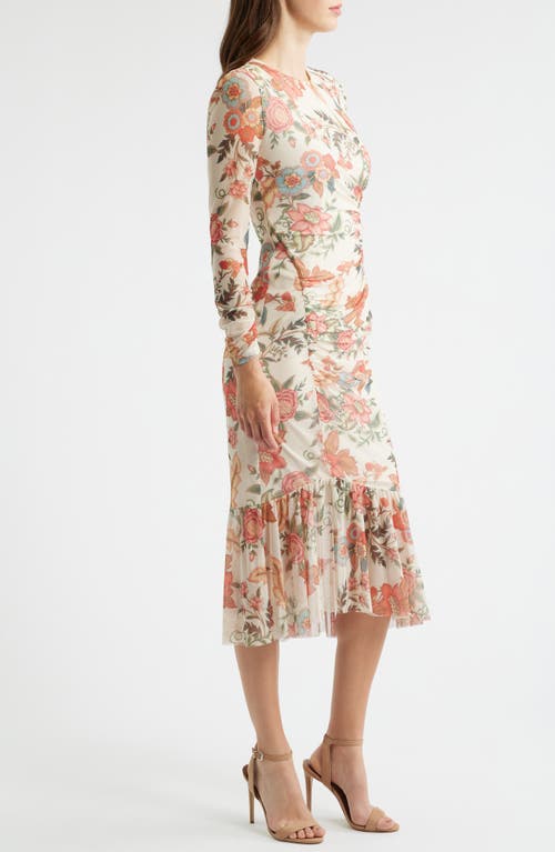 Vince Camuto Floral Long Sleeve Mesh Midi Dress In White
