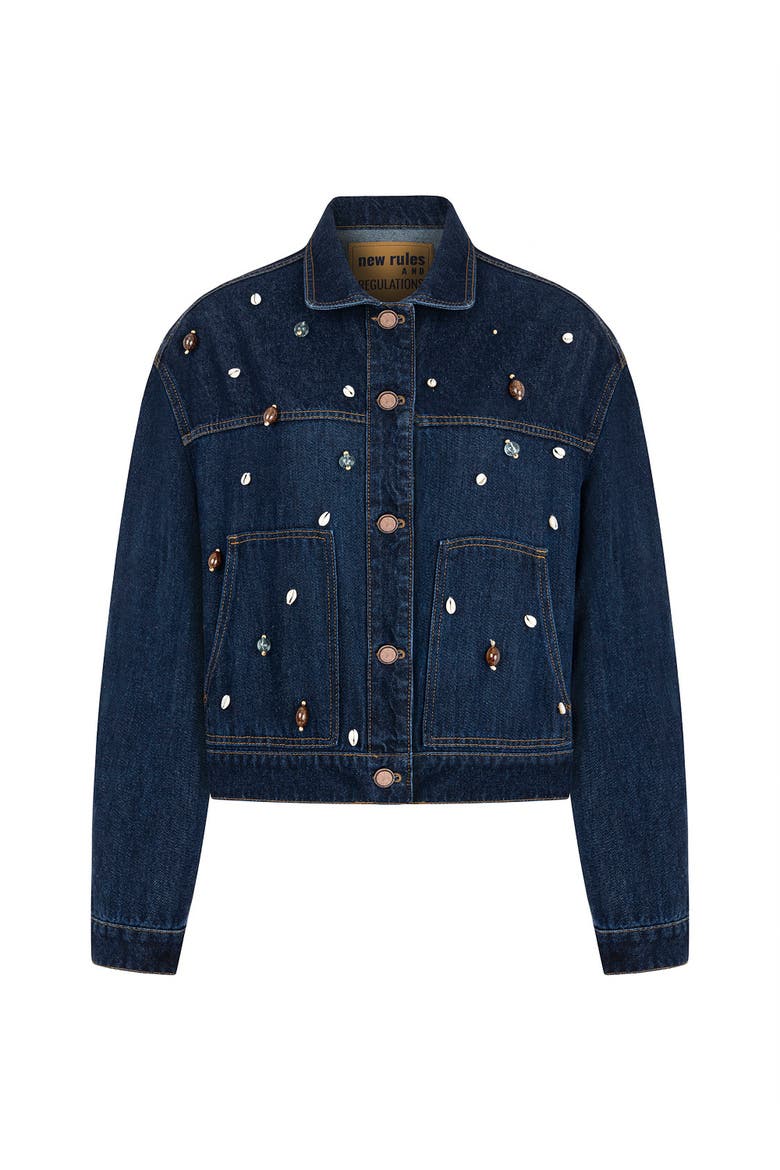 Seashell Designed Jean Jacket, Alternate, color, Navy Blue