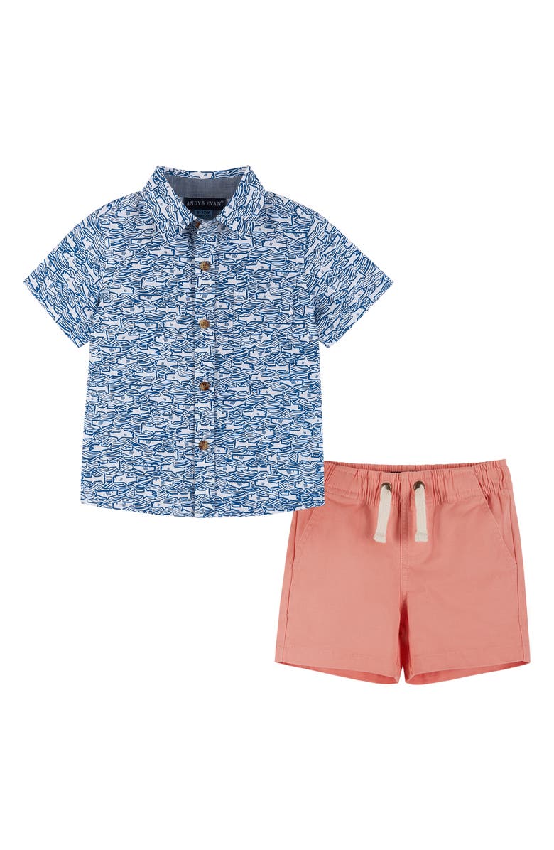 Andy & Evan Shark Print Short Sleeve Button-Up Shirt & Shorts Set, Main, color, 