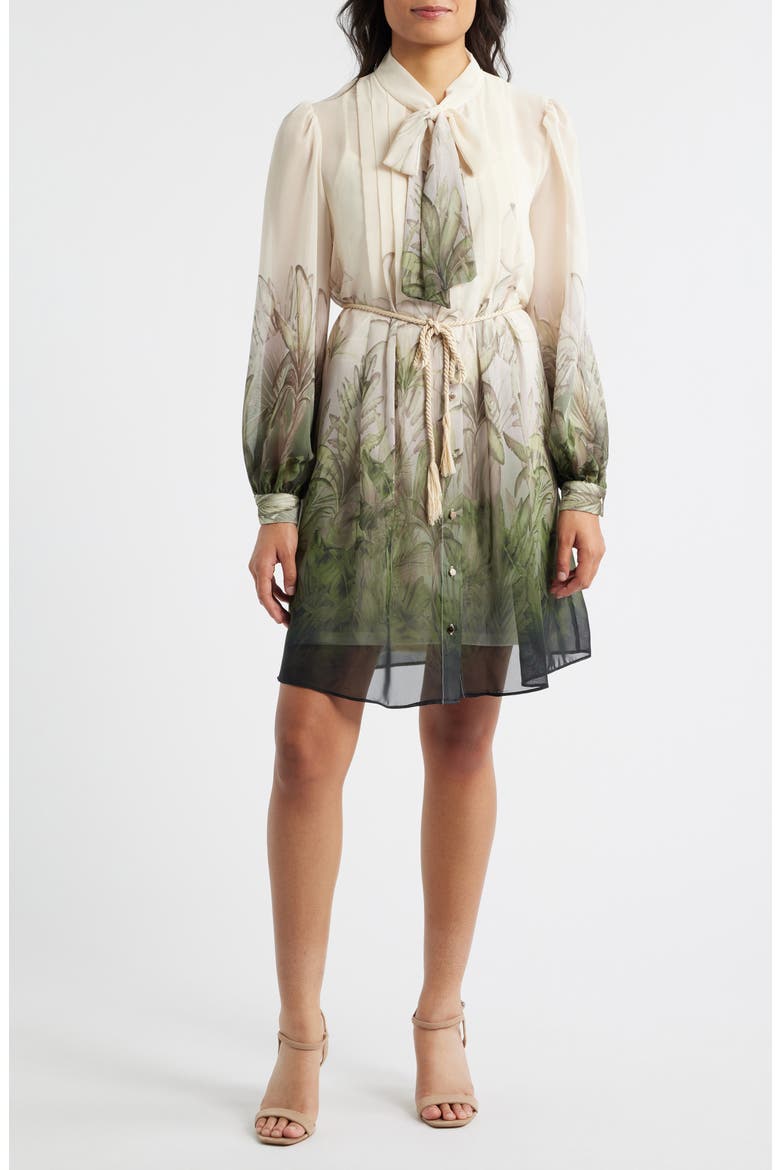 Pleated Long Sleeve Shirtdress, Main, color, IVORY MULTI