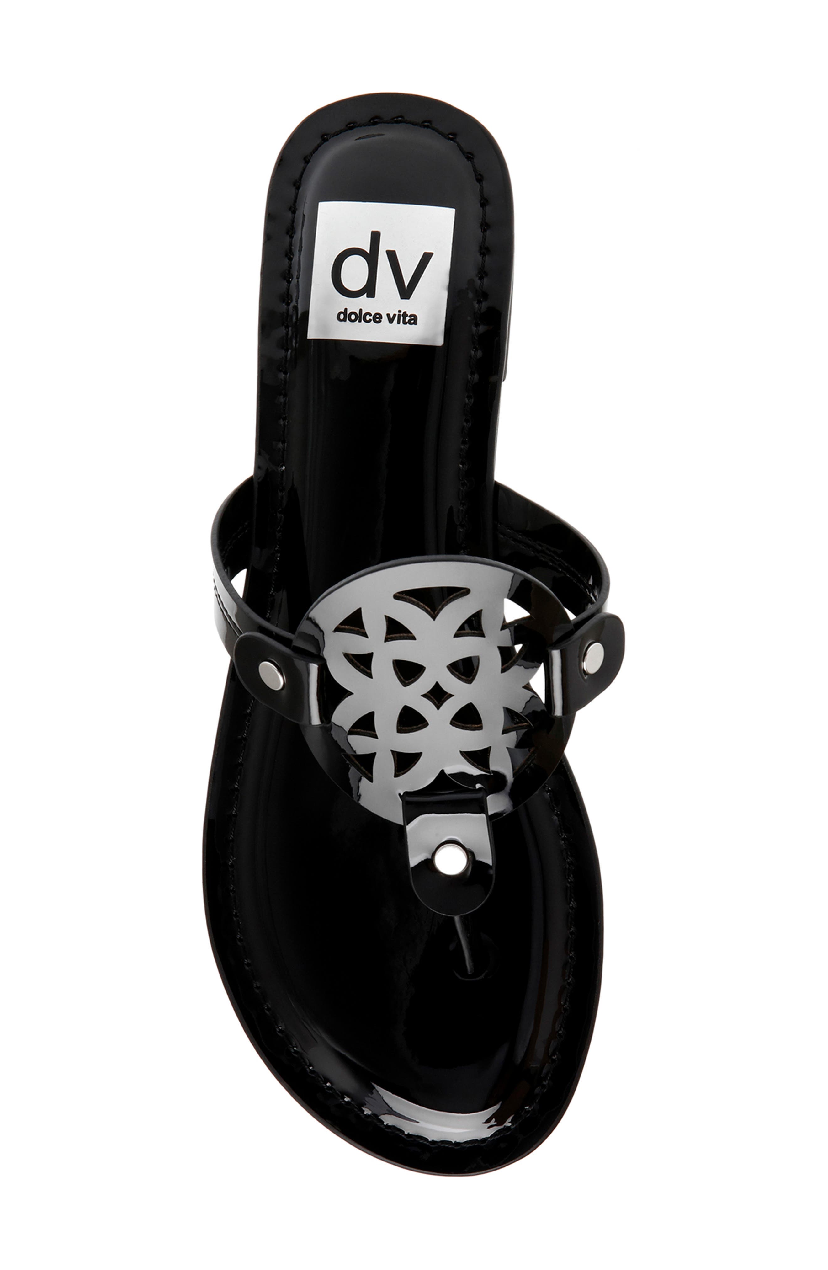 Gotie Laser Cut Studded Thong Sandal, Alternate, color, BLACK PATENT