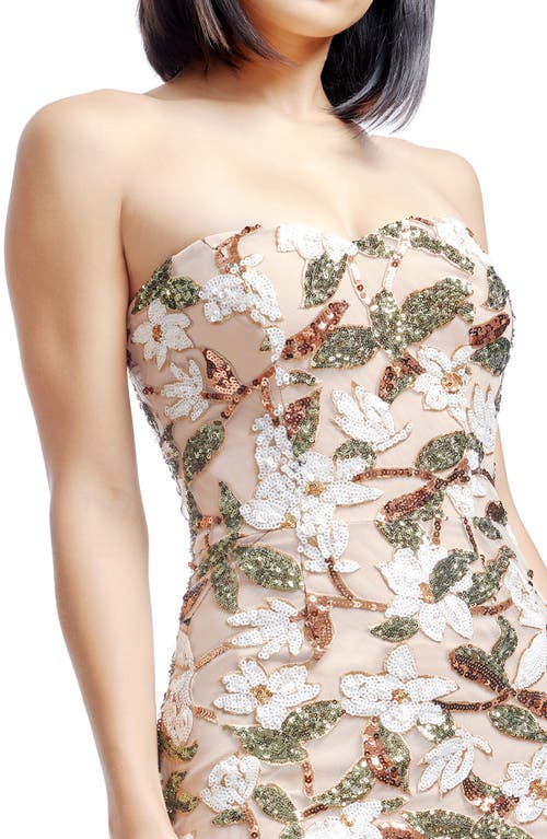 DRESS THE POPULATION DRESS THE POPULATION SHAILENE SEQUIN FLORAL STRAPLESS MIDI COCKTAIL DRESS 