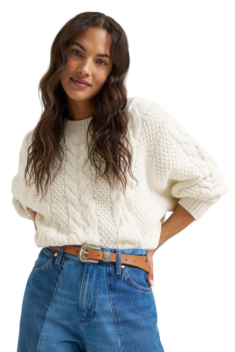 Heritage Cable Crewneck Sweater, Alternate, color, EGRET