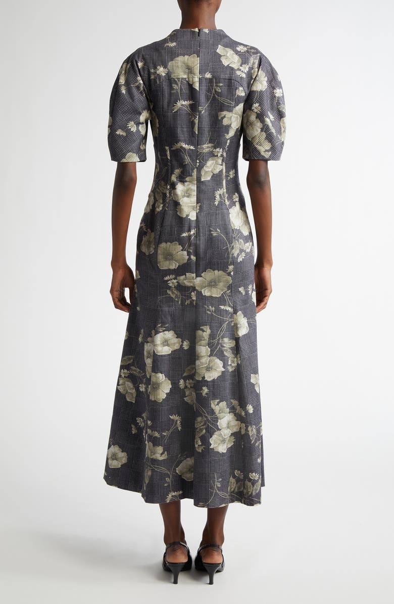 Lela Rose Floral Print Glen Plaid Bubble Sleeve Midi, Alternate, color, 