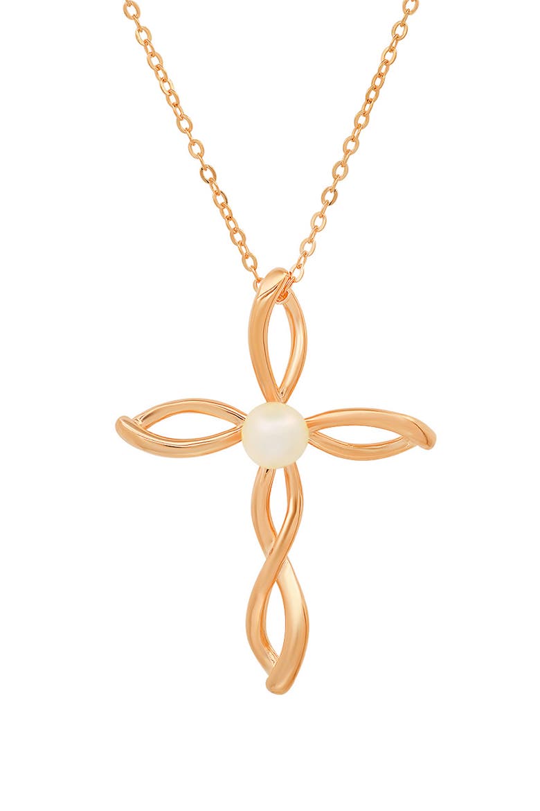 Sterling Silver Freshwater Pearl Cross Pendant Necklace, Main, color, ROSE GOLD