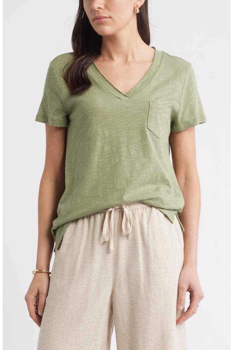 Cotton & Modal V-Neck T-Shirt, Main, color, OLIVE ACORN