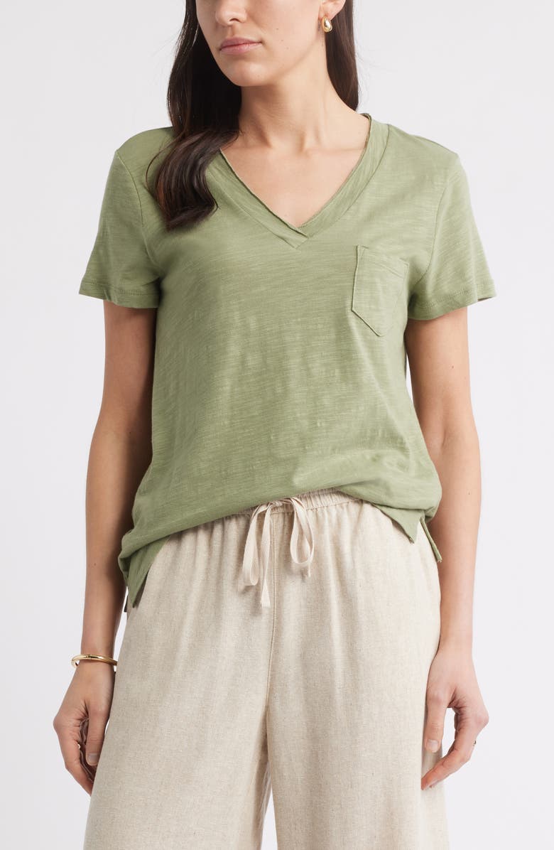 Caslon<sup>®</sup> Cotton & Modal V-Neck T-Shirt, Main, color, Olive Acorn