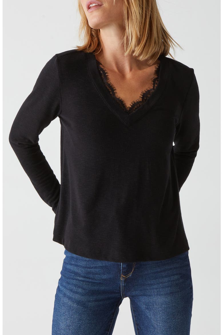 Bebe Lace Trim Relaxed Top, Alternate, color, BLACK