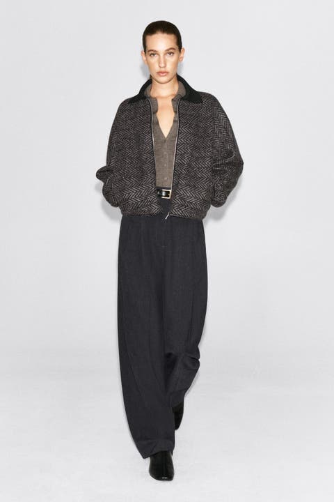 Sculpted Wool-Herringbone Zip-Up Jacket