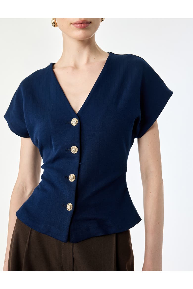 V-Neck Short Sleeve Button-Front Top, Alternate, color, NAVY STRIPE