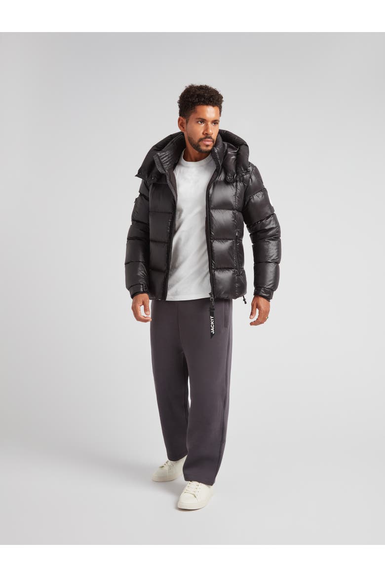 EZ Boxed Hooded Racer Puffer Jacket, Alternate, color, BLACK/BLACK