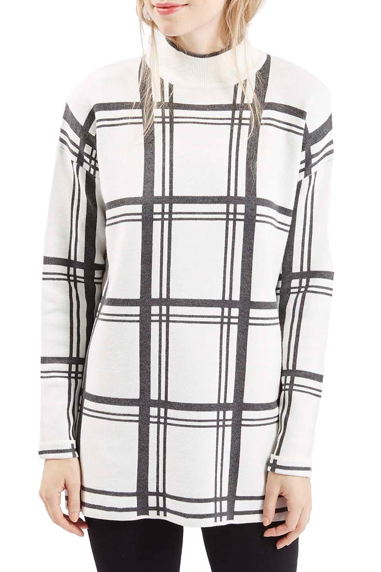 Jacquard Check Tunic Sweater, Main, color, CREAM MULTI