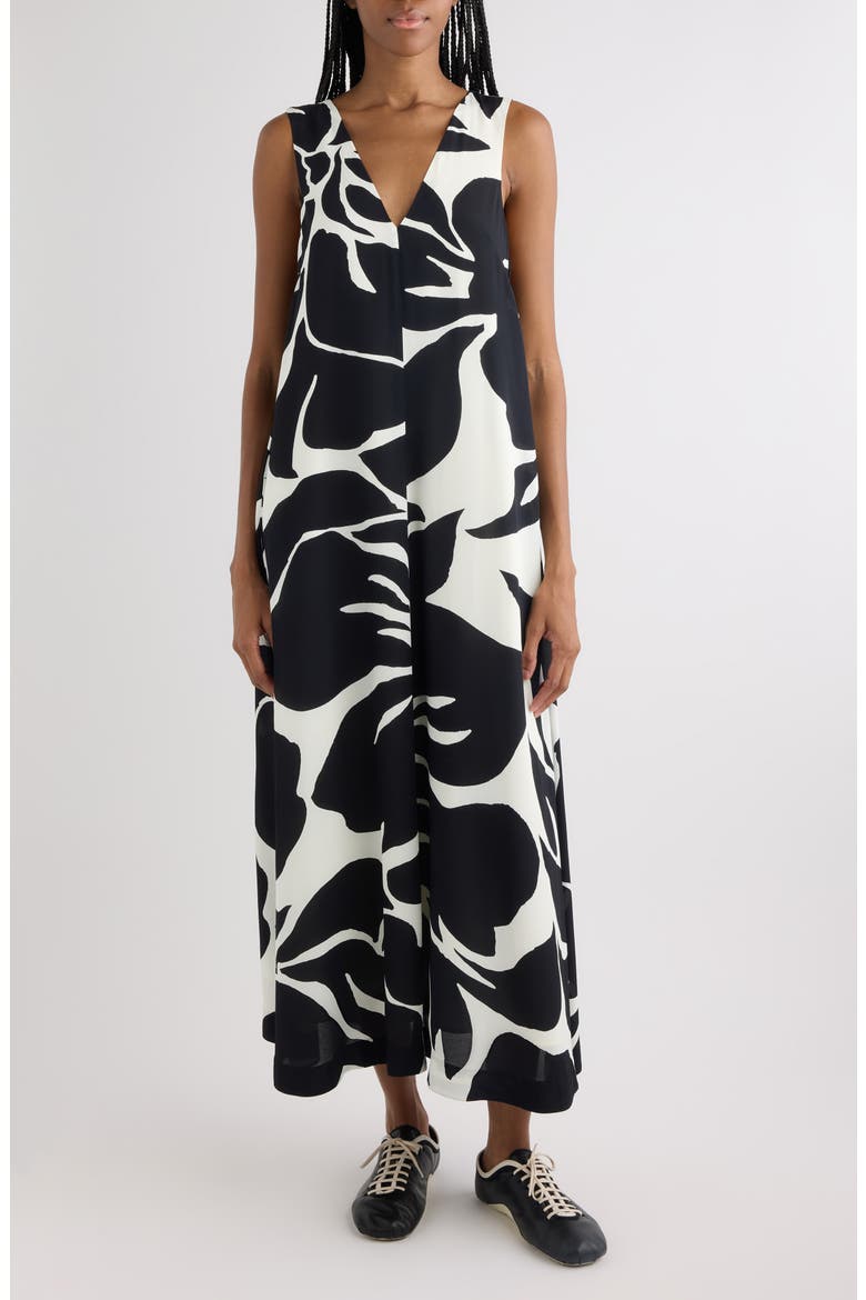 Dea Giant Floral Print Crepe Trapeze Dress, Main, color, BLACK