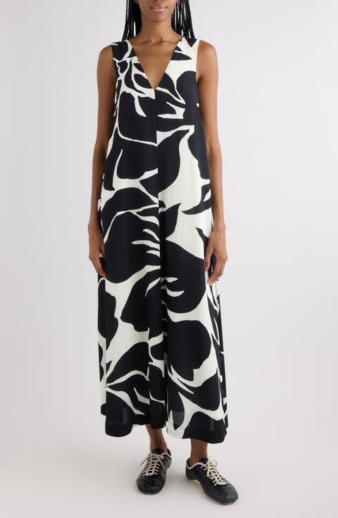 Dea Giant Floral Print Crepe Trapeze Dress