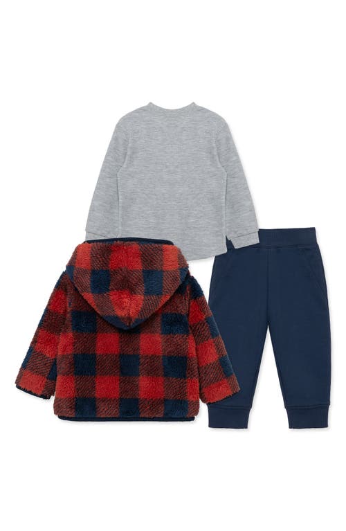 Little Me Check Fleece Hooded Jacket, Thermal T-shirt & Pants Set In Multi