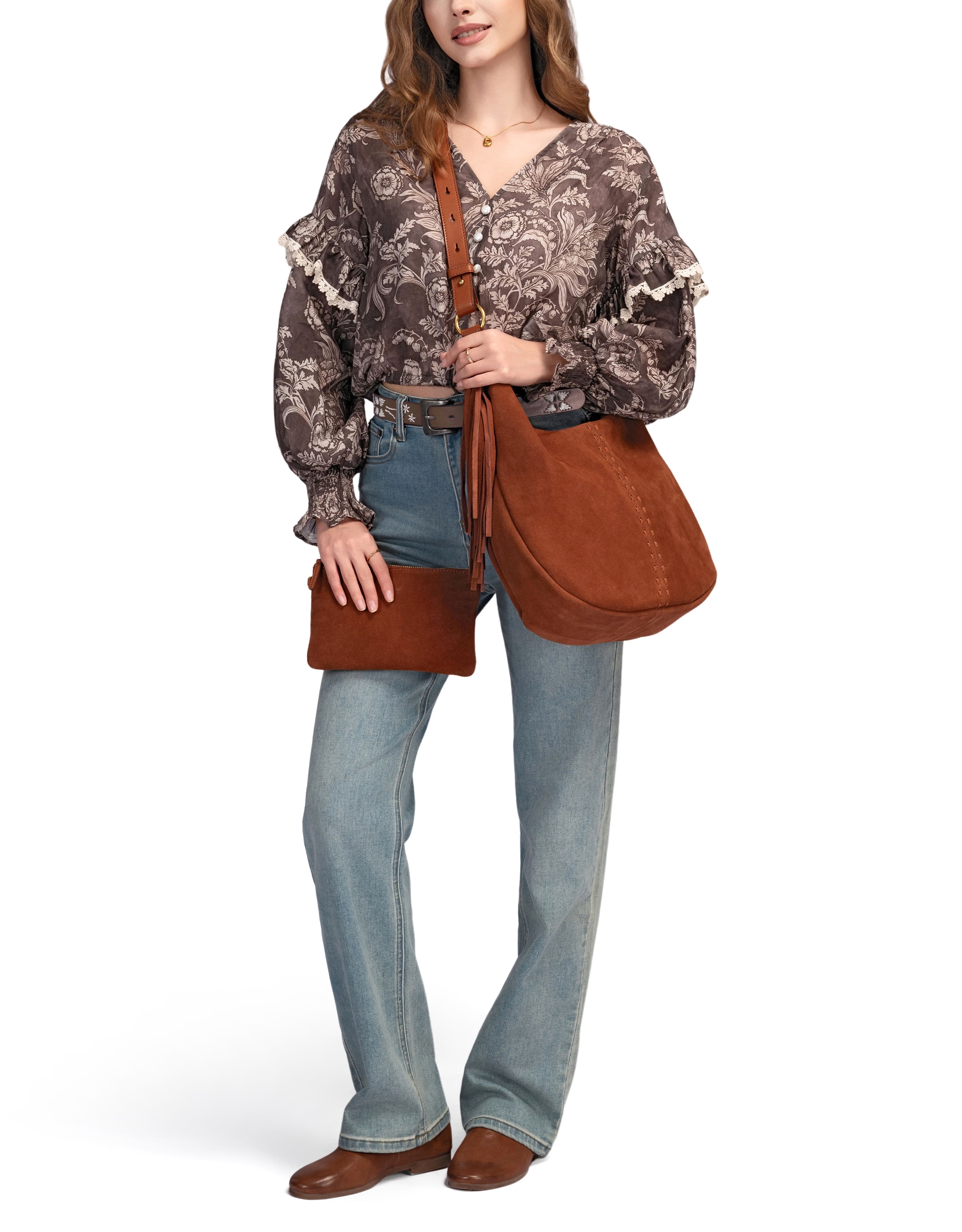 Hydrangea Genuine Leather Suede Heritage Shoulder Bag, Alternate, color, Brown