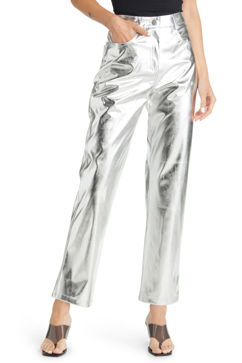 Metallic Straight Leg Pants, Main, color, SILVER
