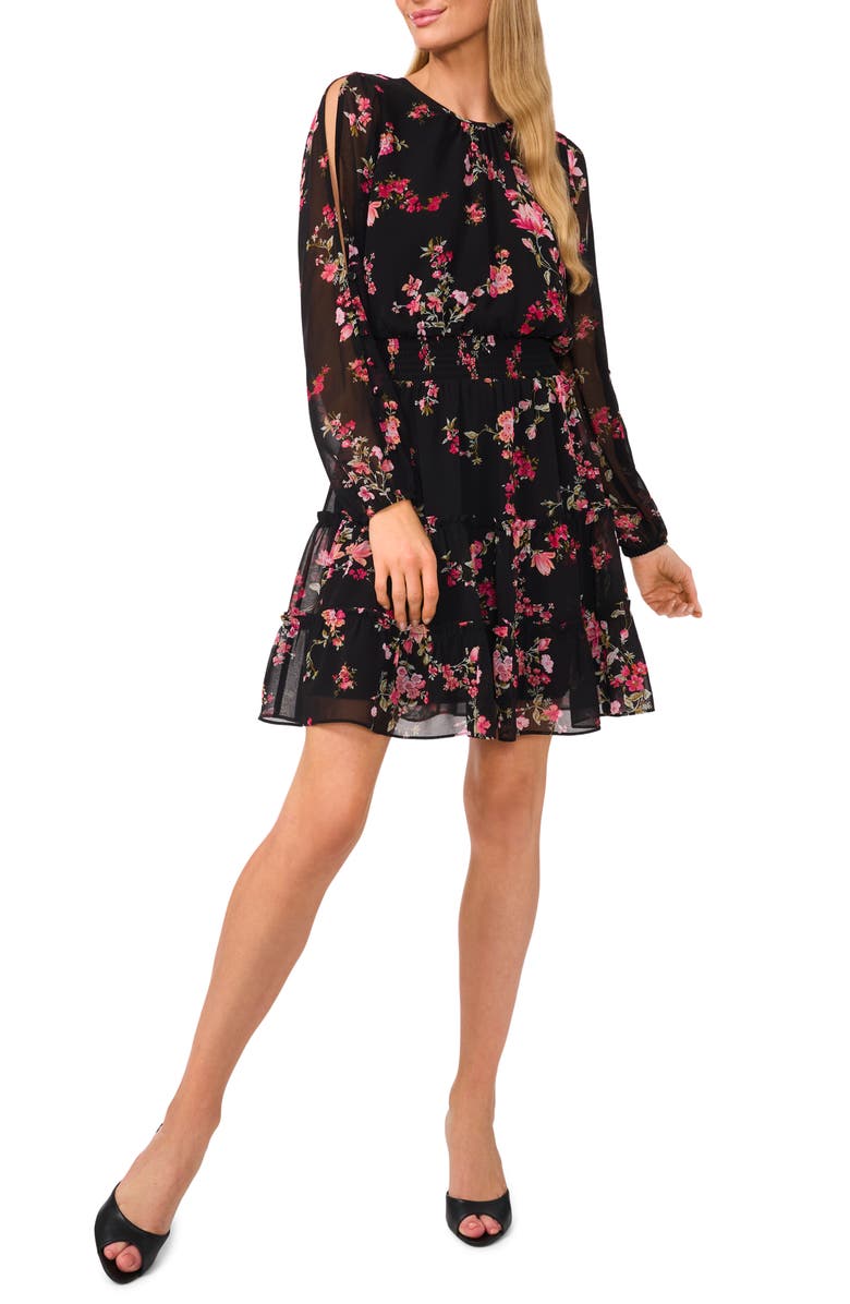 CeCe Floral Cold Shoulder Long Sleeve Tiered Dress, Main, color, 